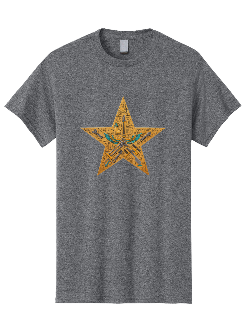 Star-With-Ancient-Egyptian-Symbols Men'S Graphic Tee, 100% Cotton, Comfortable Casual Summer Wear, Machine Washable, Ancient Egyptian Symbols, Was Sceptre, Winged Staff, Mystical Power, Historical Significance, Esoteric Knowledge, Bad707
