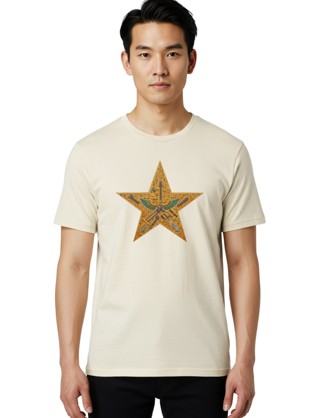Star-With-Ancient-Egyptian-Symbols Men'S Graphic Tee, 100% Cotton, Comfortable Casual Summer Wear, Machine Washable, Ancient Egyptian Symbols, Was Sceptre, Winged Staff, Mystical Power, Historical Significance, Esoteric Knowledge, Bad707