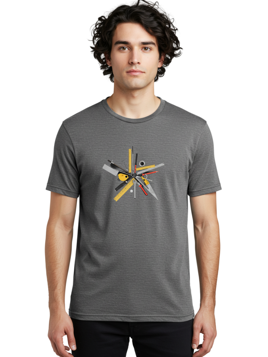 Stationery-And-Tools Men'S Graphic Tee, 100% Cotton, Comfortable Casual Summer Wear, Machine Washable, Cutting Tools, Measuring Instruments, Hammers, Scissors, Utility Knife, Pencil, Tape Measure, Drawing Tools, Craft Supplies Bad709