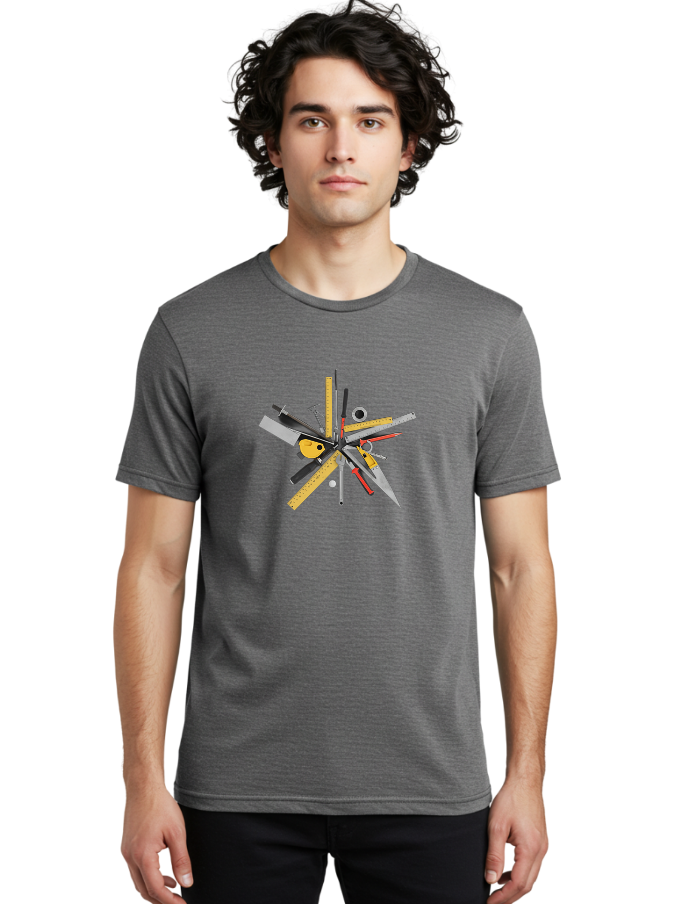Stationery-And-Tools Men'S Graphic Tee, 100% Cotton, Comfortable Casual Summer Wear, Machine Washable, Cutting Tools, Measuring Instruments, Hammers, Scissors, Utility Knife, Pencil, Tape Measure, Drawing Tools, Craft Supplies Bad709