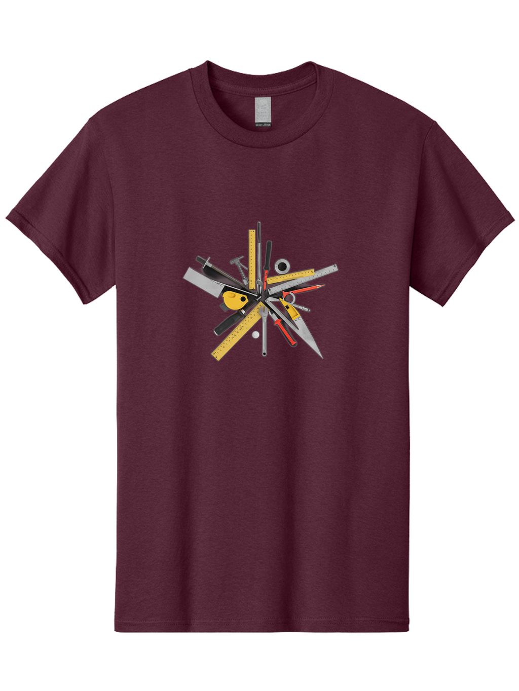 Stationery-And-Tools Men'S Graphic Tee, 100% Cotton, Comfortable Casual Summer Wear, Machine Washable, Cutting Tools, Measuring Instruments, Hammers, Scissors, Utility Knife, Pencil, Tape Measure, Drawing Tools, Craft Supplies Bad709
