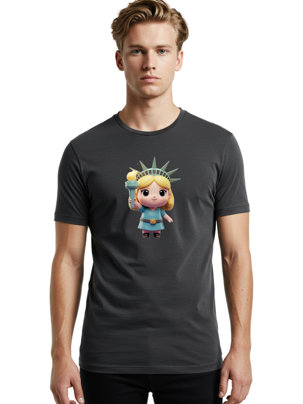 Statue-Of-Liberty-Girl-1 Men'S Graphic Tee, 100% Cotton, Comfortable Casual Summer Wear, Machine Washable, Statue Of Liberty Figurine, Cute Cartoon Character, Liberty Crown, Torch Held High, Liberty Symbol, New York City Icon, Bad710