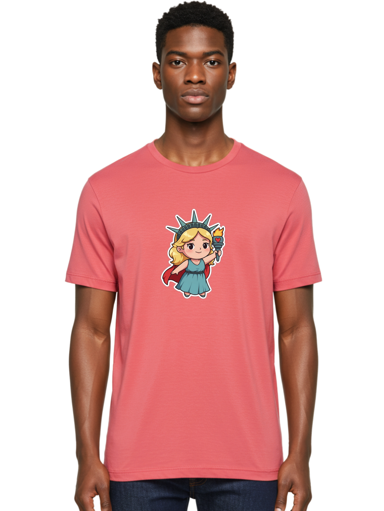 Statue-Of-Liberty-Girl Men'S Graphic Tee, 100% Cotton, Comfortable Casual Summer Wear, Machine Washable, Cute Cartoon Character, Girl Wearing Statue Of Liberty Crown, Holding Torch With Heart, Blue Dress, Red Cape, Blonde Hair, Kawaii Style, Bad711