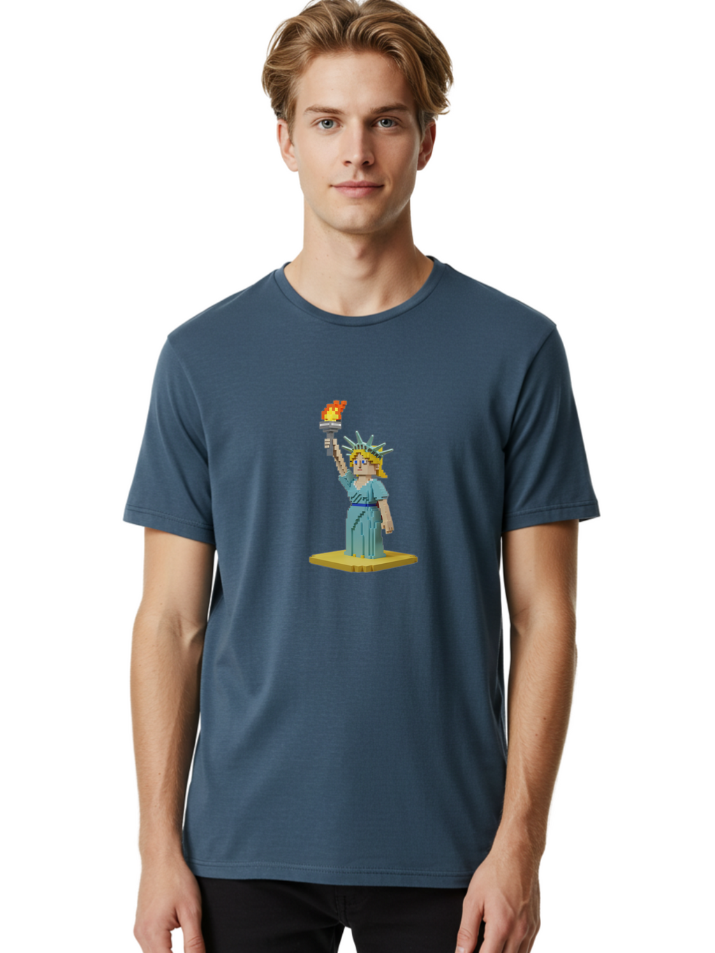 Statue-Of-Liberty Men'S Graphic Tee, 100% Cotton, Comfortable Casual Summer Wear, Machine Washable, Statue Of Liberty, Liberty Statue, Lady Liberty, Iconic Landmark, Freedom Symbol, American Icon, New York Harbor, Torch Held High, Pixel Art, Bad712