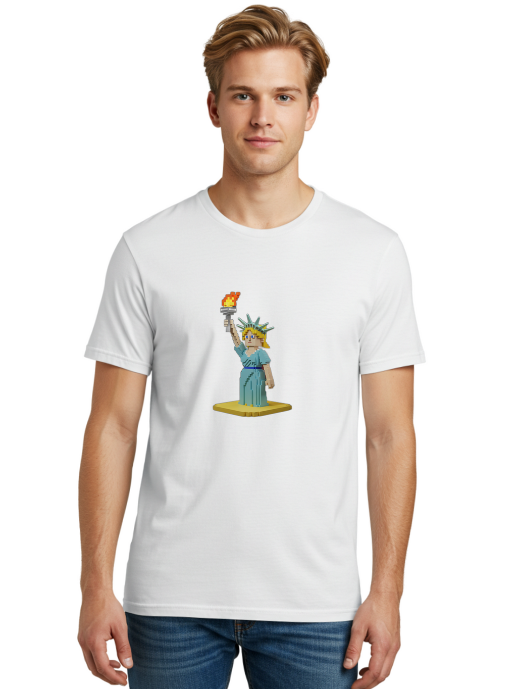 Statue-Of-Liberty Men'S Graphic Tee, 100% Cotton, Comfortable Casual Summer Wear, Machine Washable, Statue Of Liberty, Liberty Statue, Lady Liberty, Iconic Landmark, Freedom Symbol, American Icon, New York Harbor, Torch Held High, Pixel Art, Bad712