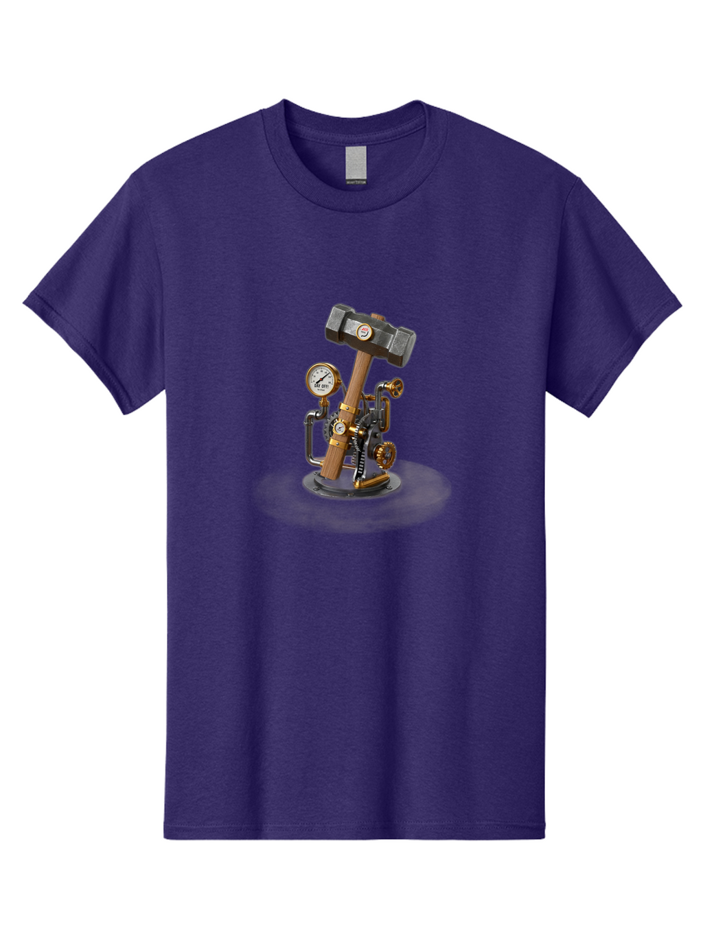 Steampunk-Device-With-Hammer Men'S Graphic Tee, 100% Cotton, Comfortable Casual Summer Wear, Machine Washable, Steampunk, Industrial Design, Mechanical Art, Clockwork Mechanism, Hammers, Pressure Gauge, Metallic Details, Vintage Machinery Bad713