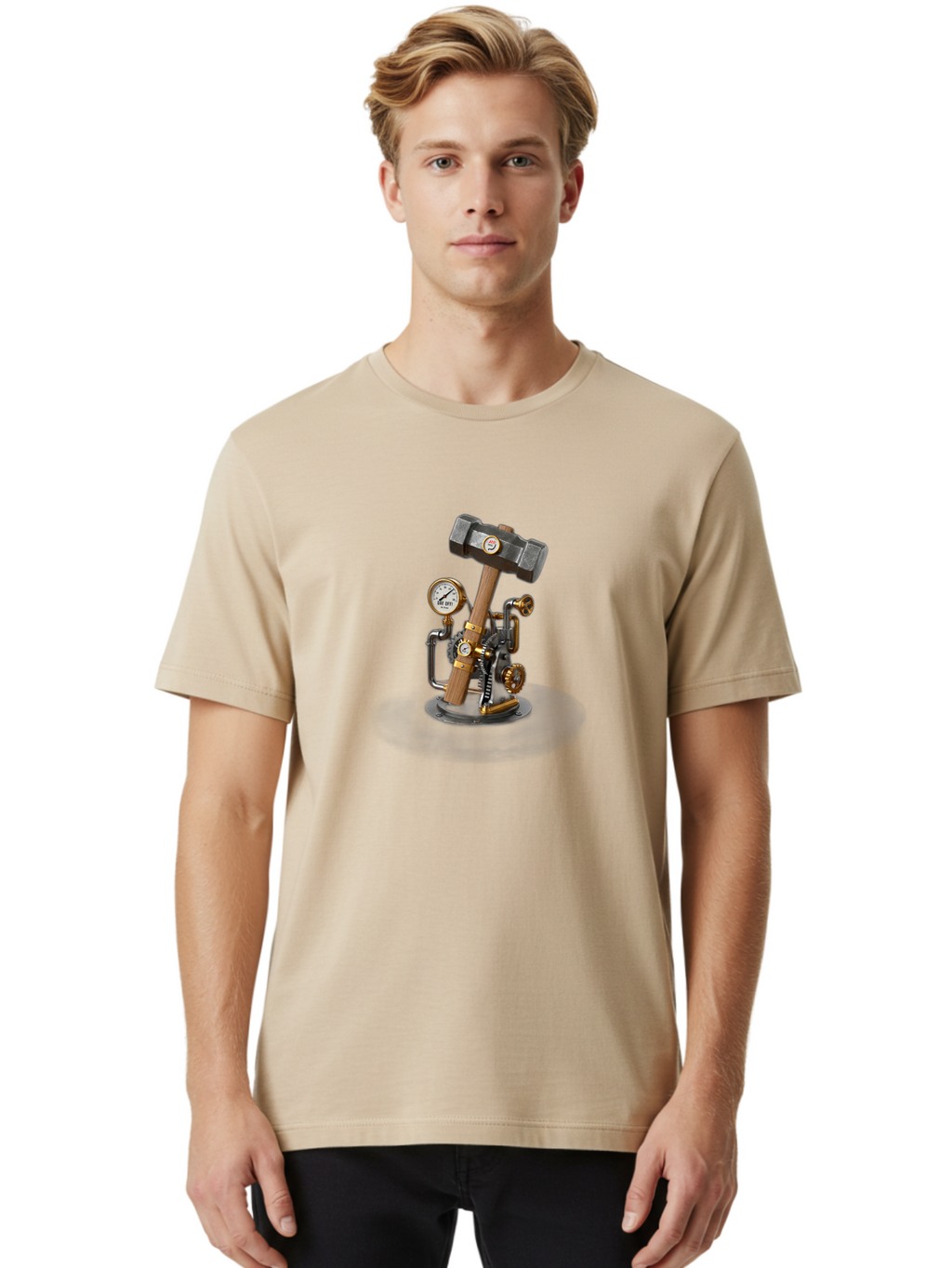 Steampunk-Device-With-Hammer Men'S Graphic Tee, 100% Cotton, Comfortable Casual Summer Wear, Machine Washable, Steampunk, Industrial Design, Mechanical Art, Clockwork Mechanism, Hammers, Pressure Gauge, Metallic Details, Vintage Machinery Bad713