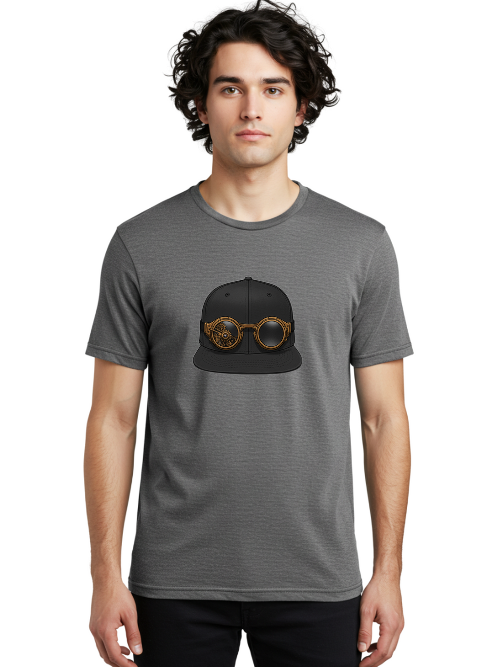 Steampunk-Goggles-Cap Men'S Graphic Tee, 100% Cotton, Comfortable Casual Summer Wear, Machine Washable, Steampunk Goggles On Cap, Steampunk Fashion, Goggles Accessory, Black Baseball Cap, Steampunk Style, Vintage Eyewear, Bad714