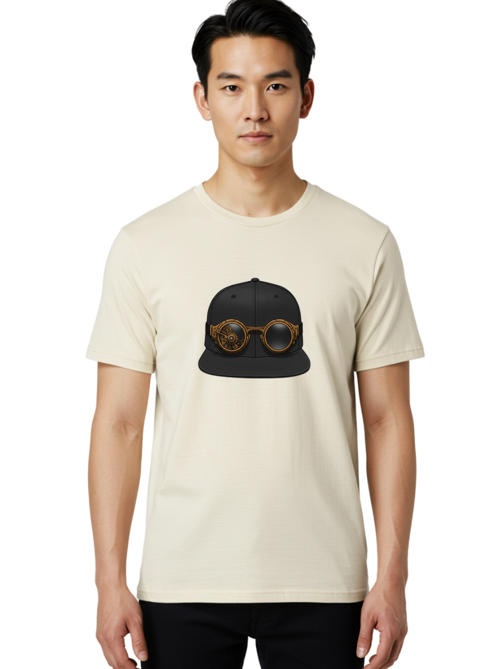 Steampunk-Goggles-Cap Men'S Graphic Tee, 100% Cotton, Comfortable Casual Summer Wear, Machine Washable, Steampunk Goggles On Cap, Steampunk Fashion, Goggles Accessory, Black Baseball Cap, Steampunk Style, Vintage Eyewear, Bad714
