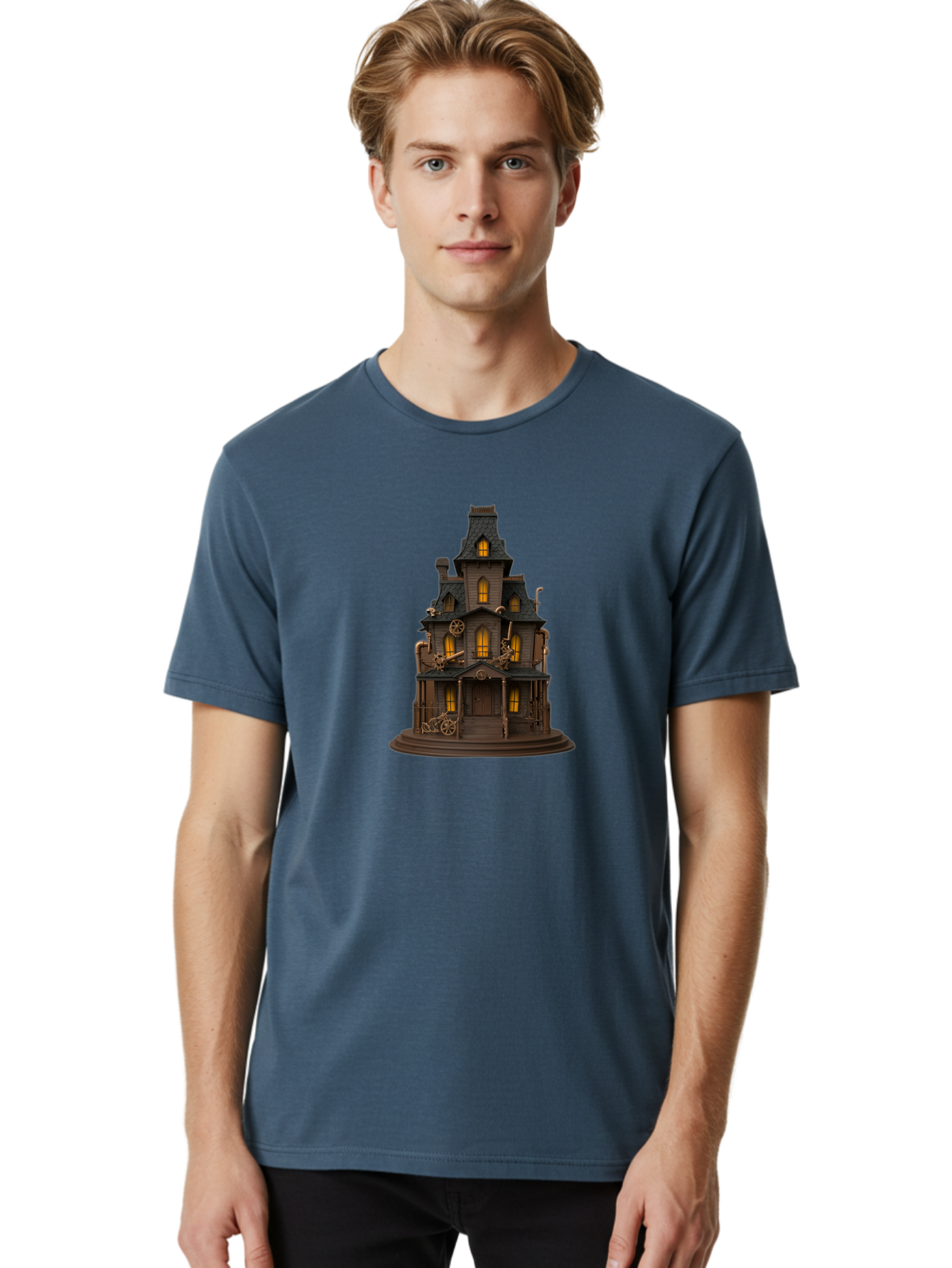 Steampunk-House Men'S Graphic Tee, 100% Cotton, Comfortable Casual Summer Wear, Machine Washable, Steampunk House, Victorian Architecture, Intricate Details, Gothic Style, Industrial Elements, Copper Accents, Mysterious Ambiance, Bad715