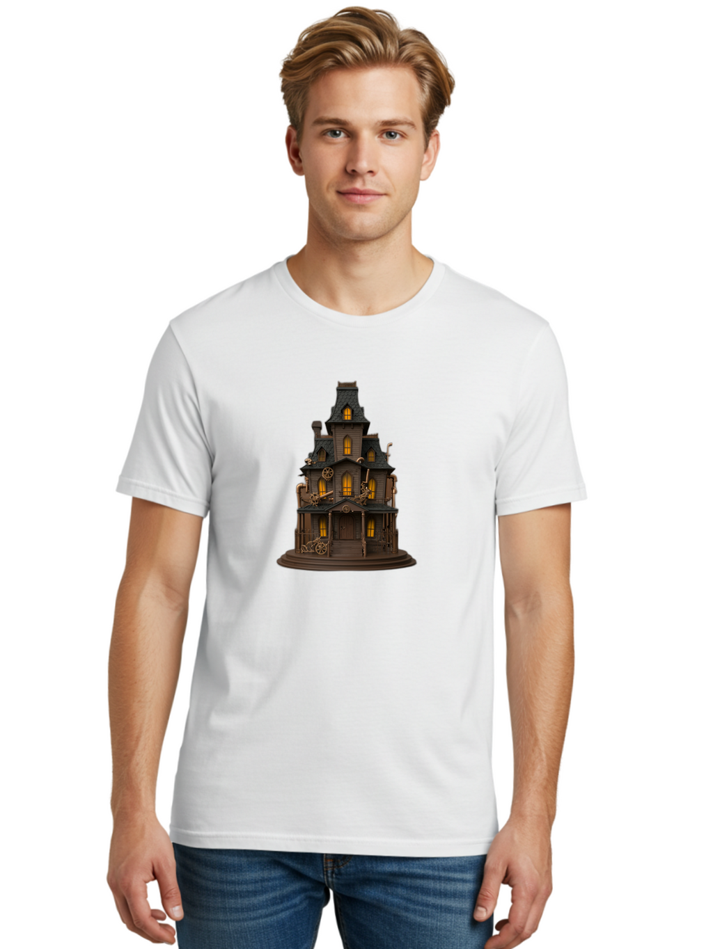 Steampunk-House Men'S Graphic Tee, 100% Cotton, Comfortable Casual Summer Wear, Machine Washable, Steampunk House, Victorian Architecture, Intricate Details, Gothic Style, Industrial Elements, Copper Accents, Mysterious Ambiance, Bad715