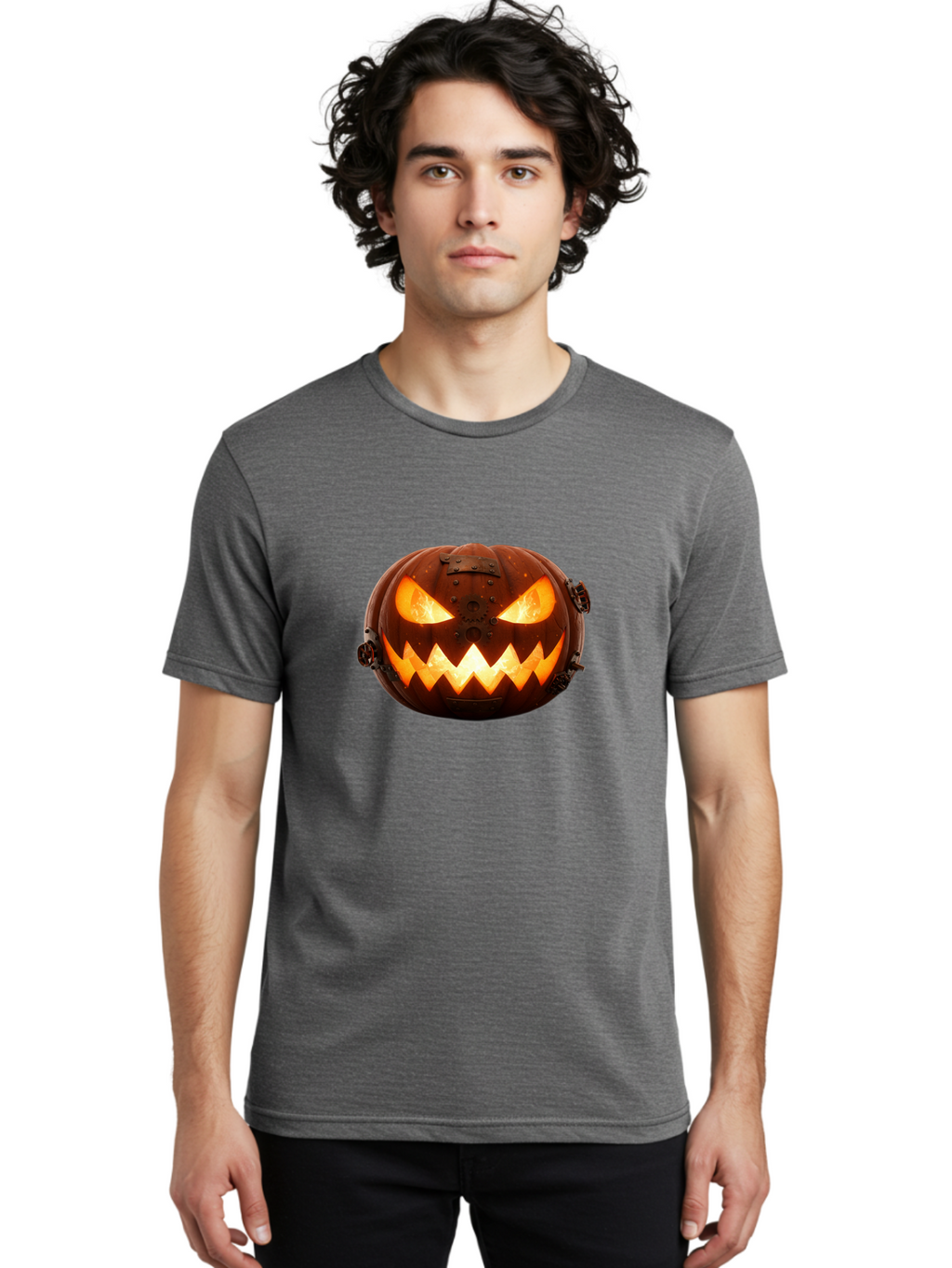 Steampunk-Jack-O-Lantern Men'S Graphic Tee, 100% Cotton, Comfortable Casual Summer Wear, Machine Washable, Halloween Pumpkin, Steampunk Design, Carved Jack-O-Lantern, Glowing Eyes, Metal Accents, Creepy Smile, Orange Glow, Spooky Decor, Bad716