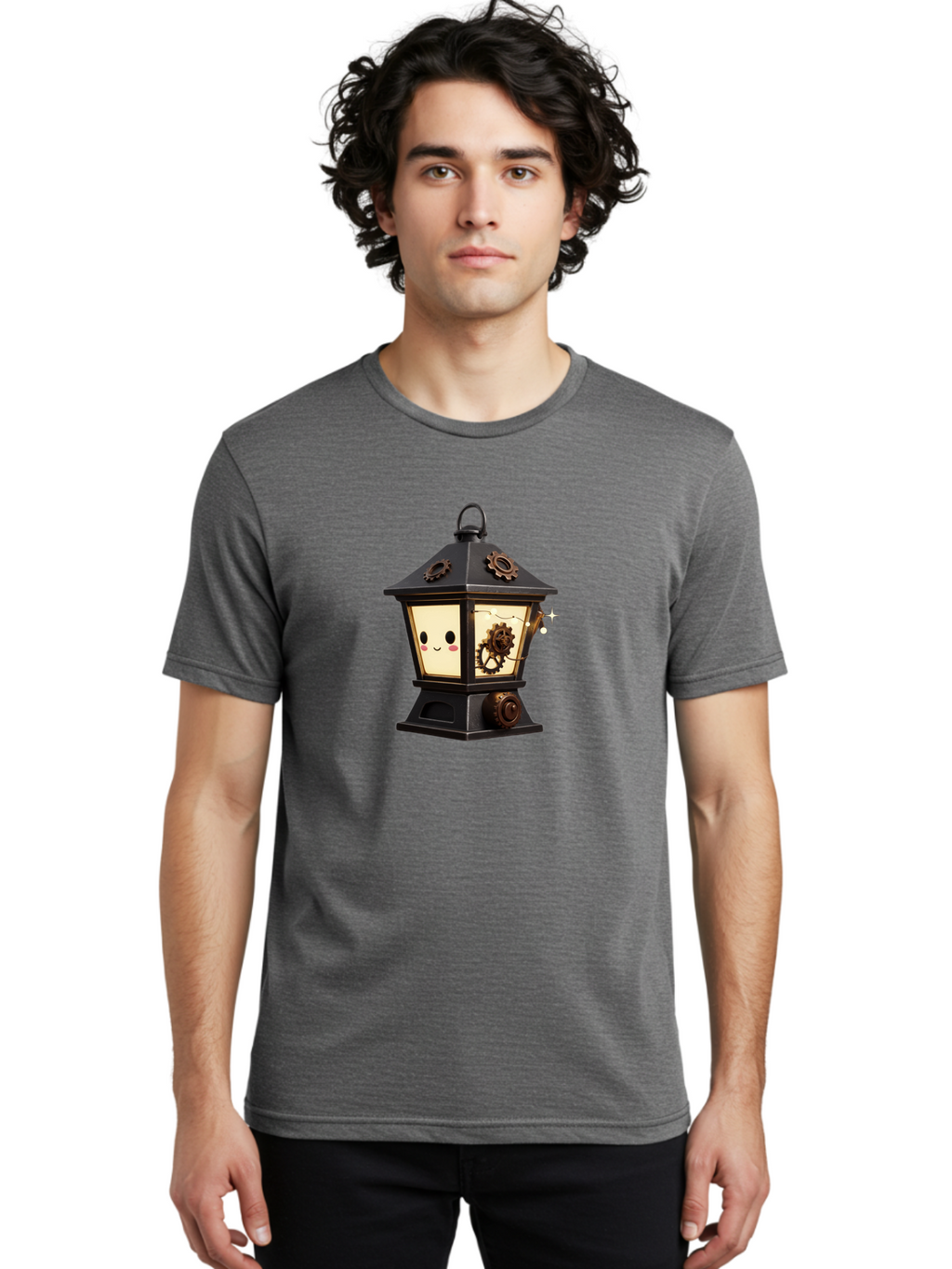 Steampunk-Lantern Men'S Graphic Tee, 100% Cotton, Comfortable Casual Summer Wear, Machine Washable, Steampunk Lantern, Intricate Gears, Whimsical Design, Steampunk Art, Fantasy Lighting, Unique Decor, Imaginative Creation, Mechanical Elements, Bad717