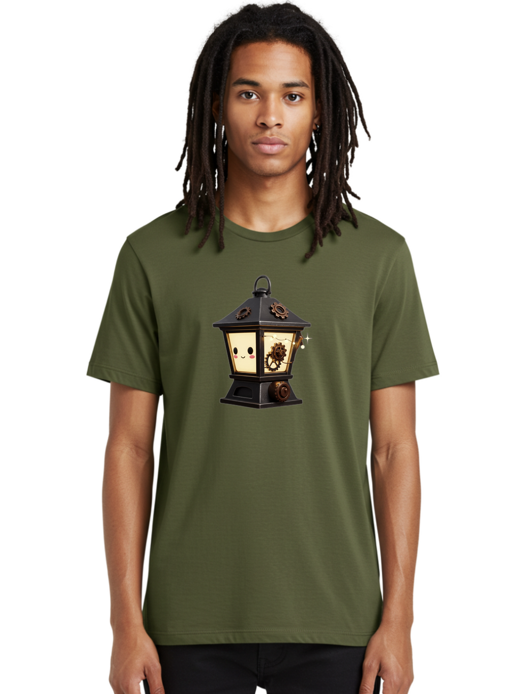 Steampunk-Lantern Men'S Graphic Tee, 100% Cotton, Comfortable Casual Summer Wear, Machine Washable, Steampunk Lantern, Intricate Gears, Whimsical Design, Steampunk Art, Fantasy Lighting, Unique Decor, Imaginative Creation, Mechanical Elements, Bad717