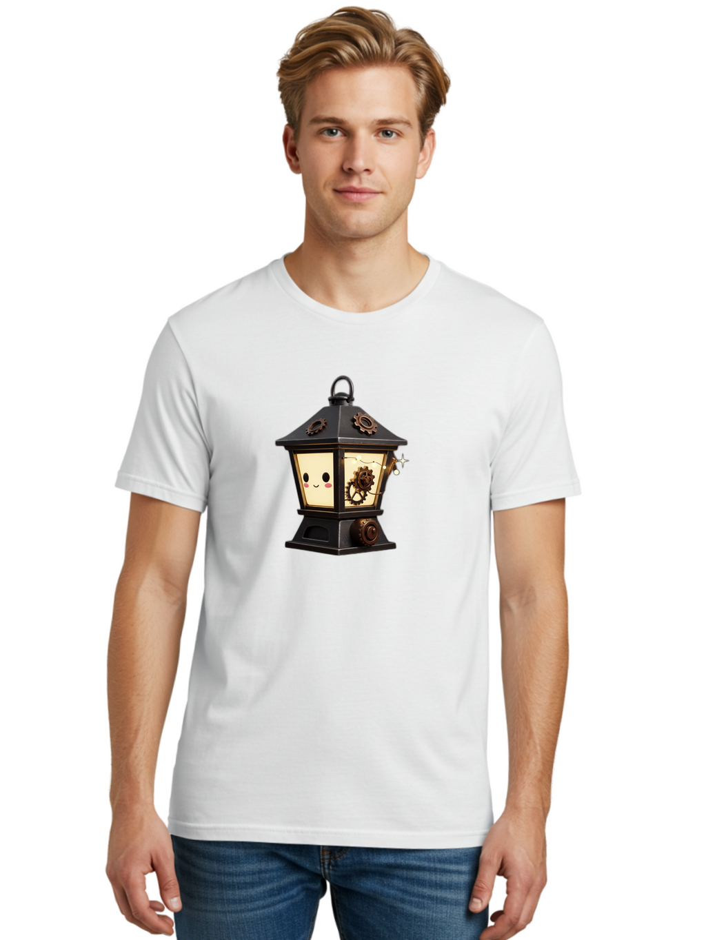 Steampunk-Lantern Men'S Graphic Tee, 100% Cotton, Comfortable Casual Summer Wear, Machine Washable, Steampunk Lantern, Intricate Gears, Whimsical Design, Steampunk Art, Fantasy Lighting, Unique Decor, Imaginative Creation, Mechanical Elements, Bad717