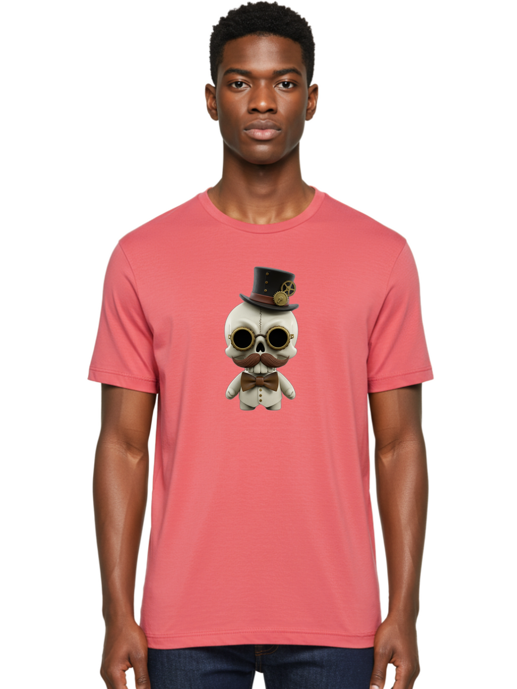 Steampunk-Skeleton Men'S Graphic Tee, 100% Cotton, Comfortable Casual Summer Wear, Machine Washable, Steampunk Skull, Skeleton Character, Vintage Goggles, Top Hat, Bow Tie, Mechanical Gear, Steampunk Style, Gothic Fashion, Unique Accessory, Bad719