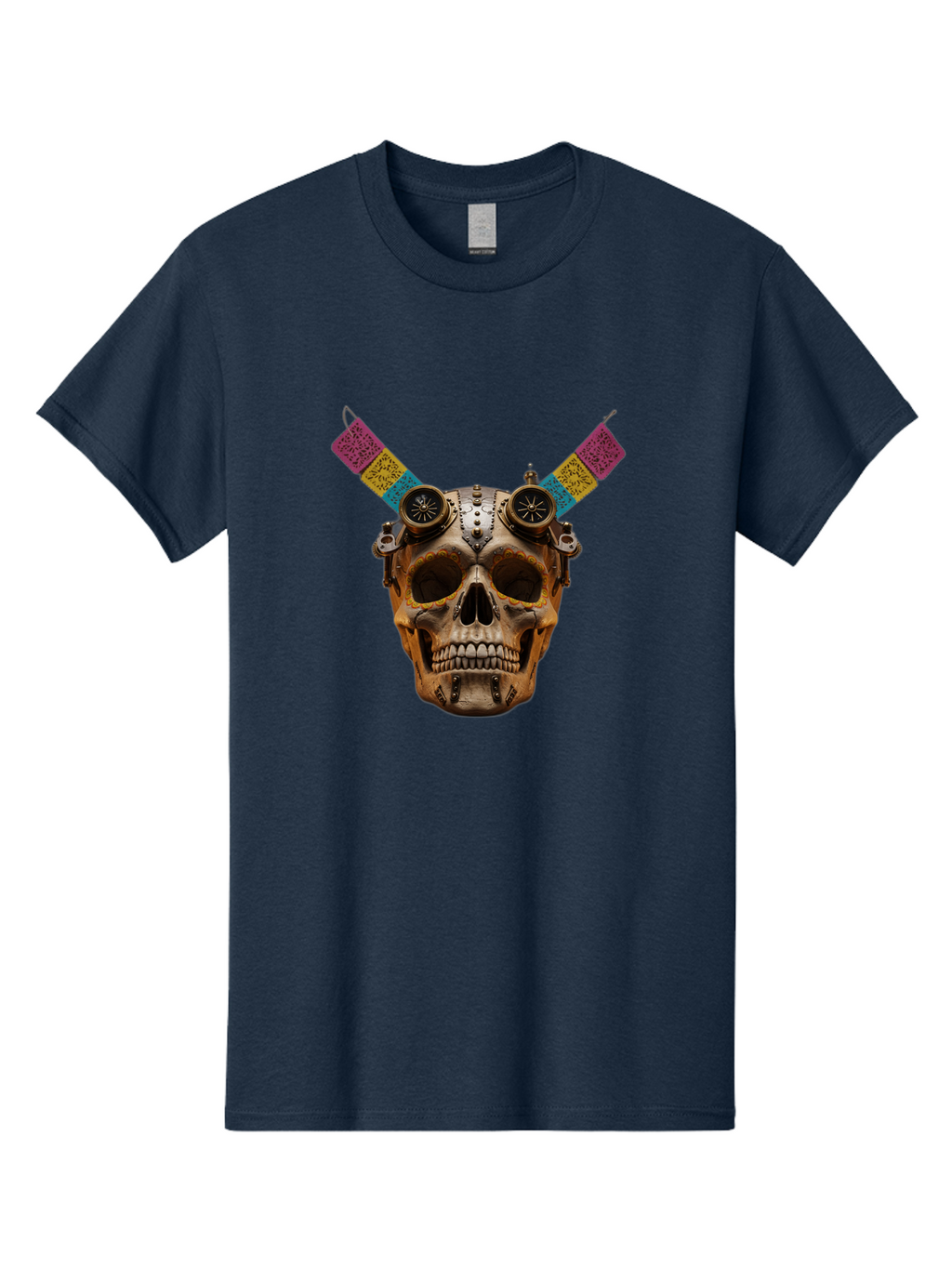 Steampunk-Skull Men'S Graphic Tee, 100% Cotton, Comfortable Casual Summer Wear, Machine Washable, Steampunk Artwork, Skull With Goggles, Mechanical Components, Colorful Banners, Day Of The Dead, Steampunk Fashion, Alternative Art, Bad720