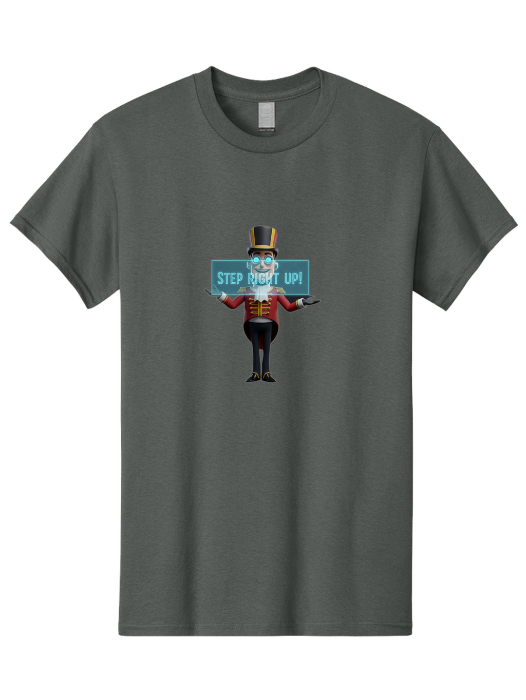 Step-Right-Up-1 Men'S Graphic Tee, 100% Cotton, Comfortable Casual Summer Wear, Machine Washable, Ringmaster Character, Cartoon Style, Top Hat, Red And Gold Jacket, Black Pants, Circus Barker, Event Promotion, Step Right Up Sign, Bad721