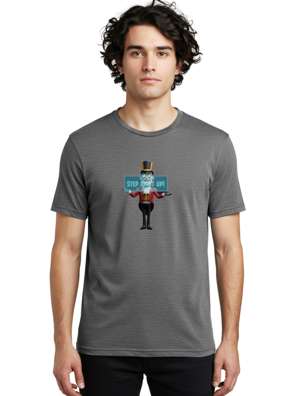 Step-Right-Up-1 Men'S Graphic Tee, 100% Cotton, Comfortable Casual Summer Wear, Machine Washable, Ringmaster Character, Cartoon Style, Top Hat, Red And Gold Jacket, Black Pants, Circus Barker, Event Promotion, Step Right Up Sign, Bad721