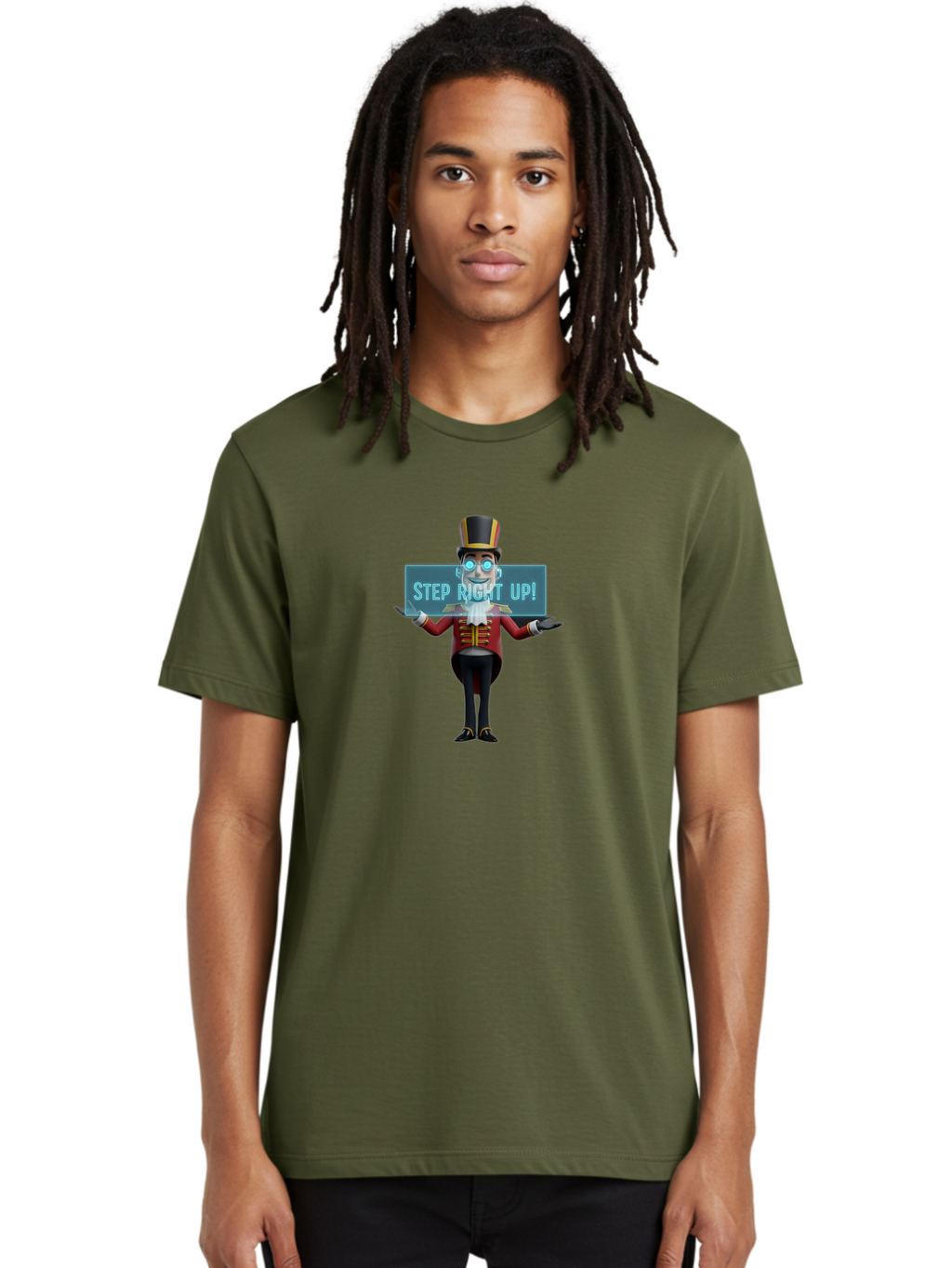 Step-Right-Up-1 Men'S Graphic Tee, 100% Cotton, Comfortable Casual Summer Wear, Machine Washable, Ringmaster Character, Cartoon Style, Top Hat, Red And Gold Jacket, Black Pants, Circus Barker, Event Promotion, Step Right Up Sign, Bad721