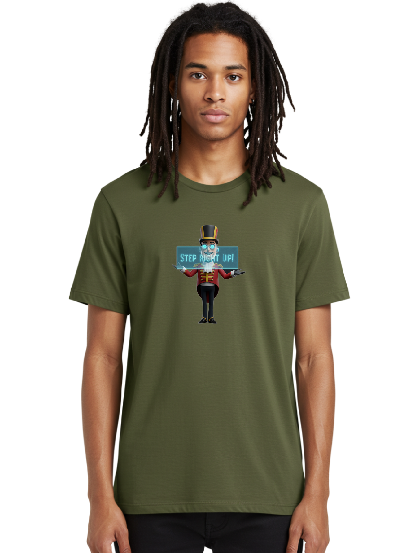 Step-Right-Up-1 Men'S Graphic Tee, 100% Cotton, Comfortable Casual Summer Wear, Machine Washable, Ringmaster Character, Cartoon Style, Top Hat, Red And Gold Jacket, Black Pants, Circus Barker, Event Promotion, Step Right Up Sign, Bad721