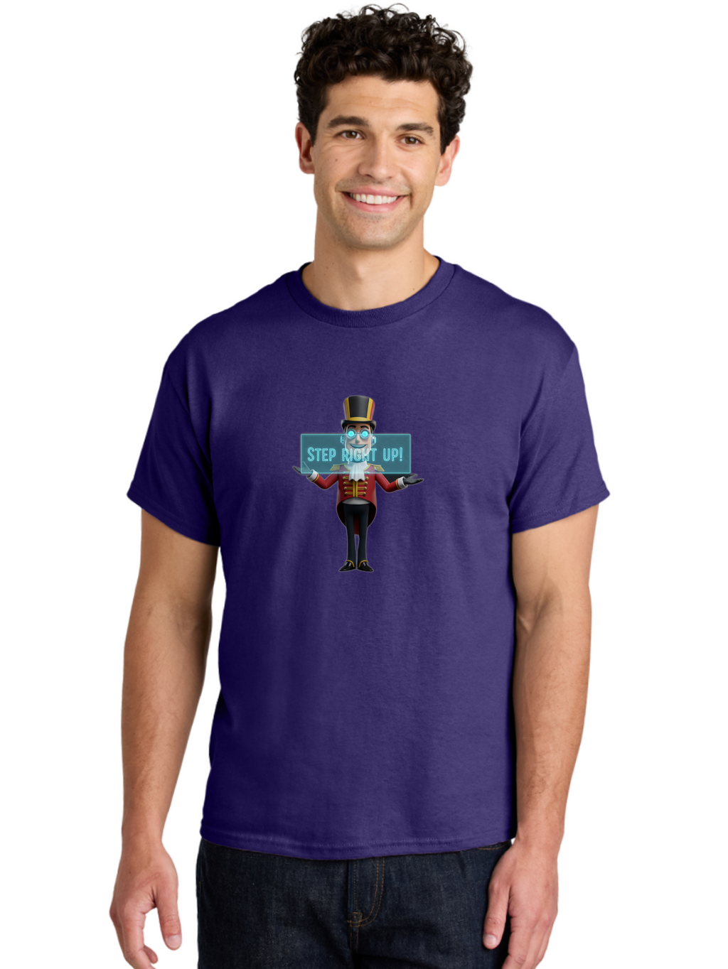 Step-Right-Up-1 Men'S Graphic Tee, 100% Cotton, Comfortable Casual Summer Wear, Machine Washable, Ringmaster Character, Cartoon Style, Top Hat, Red And Gold Jacket, Black Pants, Circus Barker, Event Promotion, Step Right Up Sign, Bad721