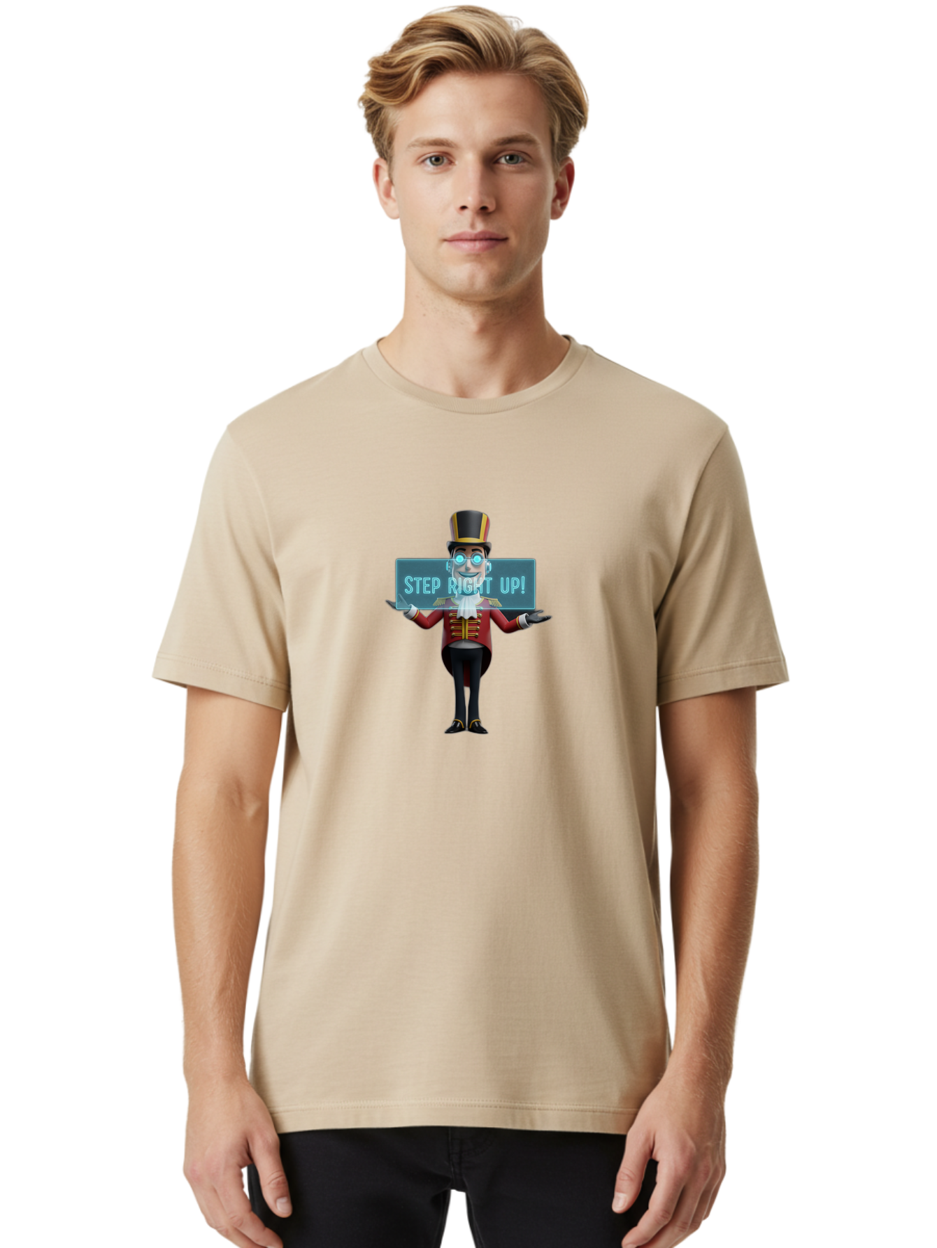 Step-Right-Up-1 Men'S Graphic Tee, 100% Cotton, Comfortable Casual Summer Wear, Machine Washable, Ringmaster Character, Cartoon Style, Top Hat, Red And Gold Jacket, Black Pants, Circus Barker, Event Promotion, Step Right Up Sign, Bad721