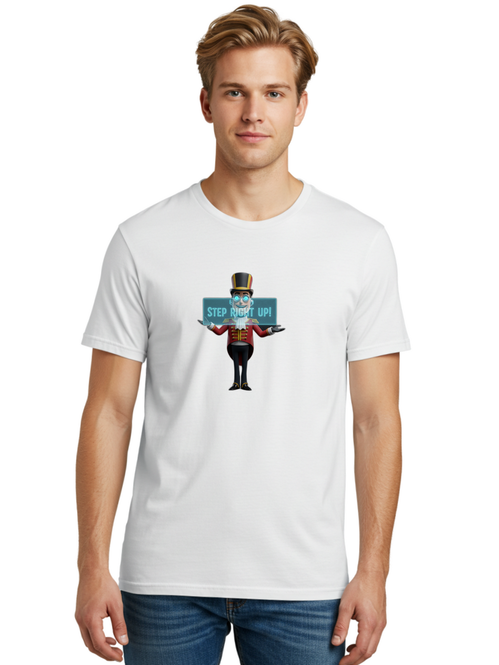 Step-Right-Up-1 Men'S Graphic Tee, 100% Cotton, Comfortable Casual Summer Wear, Machine Washable, Ringmaster Character, Cartoon Style, Top Hat, Red And Gold Jacket, Black Pants, Circus Barker, Event Promotion, Step Right Up Sign, Bad721