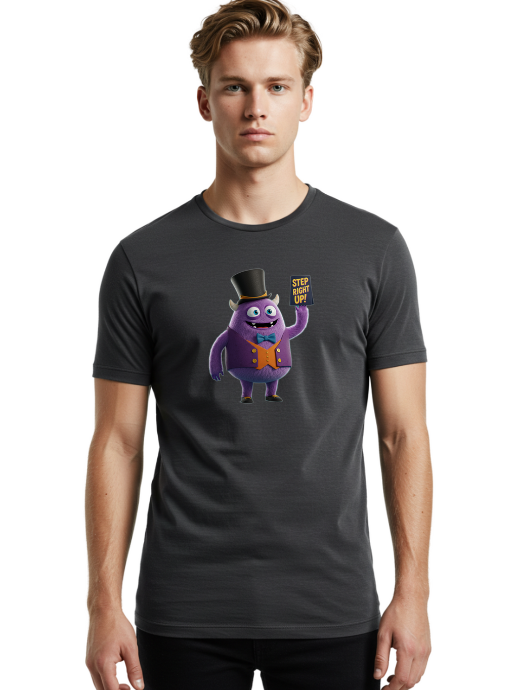 Step-Right-Up-2 Men'S Graphic Tee, 100% Cotton, Comfortable Casual Summer Wear, Machine Washable, Cartoon Monster, Purple Creature, Top Hat, Orange Waistcoat, Blue Bow Tie, Playful Character, Eye-Catching Graphics, Vibrant Colors, Bad722