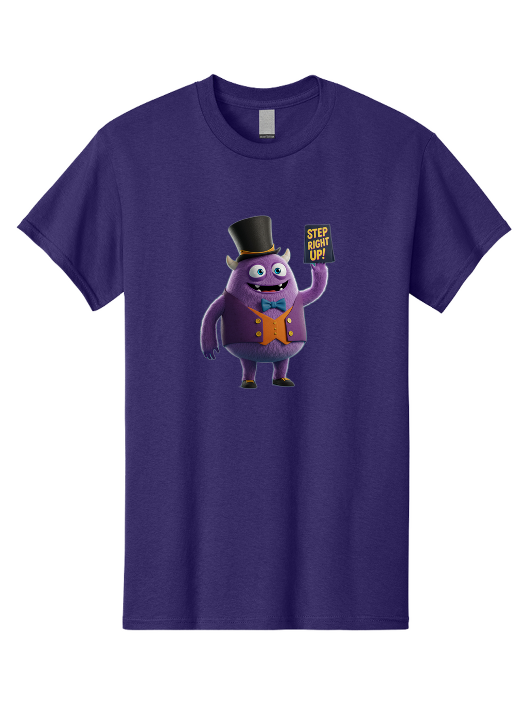 Step-Right-Up-2 Men'S Graphic Tee, 100% Cotton, Comfortable Casual Summer Wear, Machine Washable, Cartoon Monster, Purple Creature, Top Hat, Orange Waistcoat, Blue Bow Tie, Playful Character, Eye-Catching Graphics, Vibrant Colors, Bad722