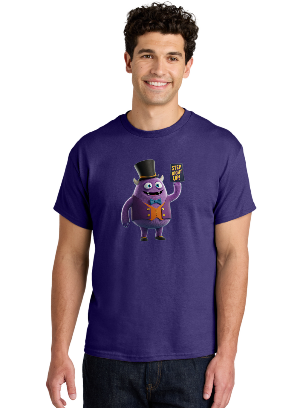 Step-Right-Up-2 Men'S Graphic Tee, 100% Cotton, Comfortable Casual Summer Wear, Machine Washable, Cartoon Monster, Purple Creature, Top Hat, Orange Waistcoat, Blue Bow Tie, Playful Character, Eye-Catching Graphics, Vibrant Colors, Bad722