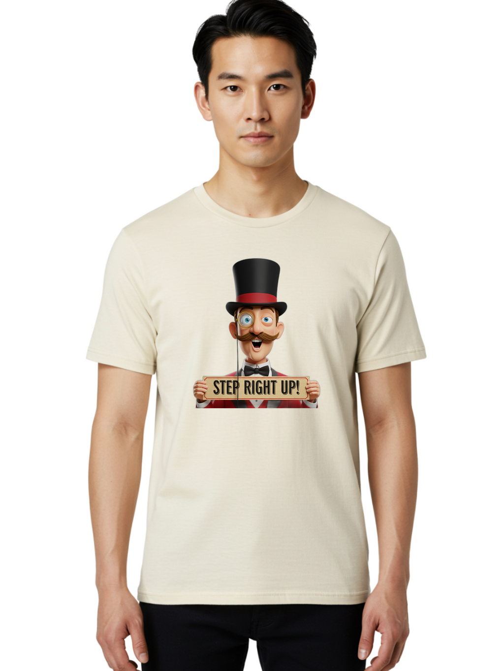 Step-Right-Up-3 Men'S Graphic Tee, 100% Cotton, Comfortable Casual Summer Wear, Machine Washable, Cartoon Ringmaster, Top Hat, Red Jacket, Green Vest, Vintage Style, Step Right Up Banner, Carnival Barker, Circus Theme, Victorian Era Fashion, Bad723
