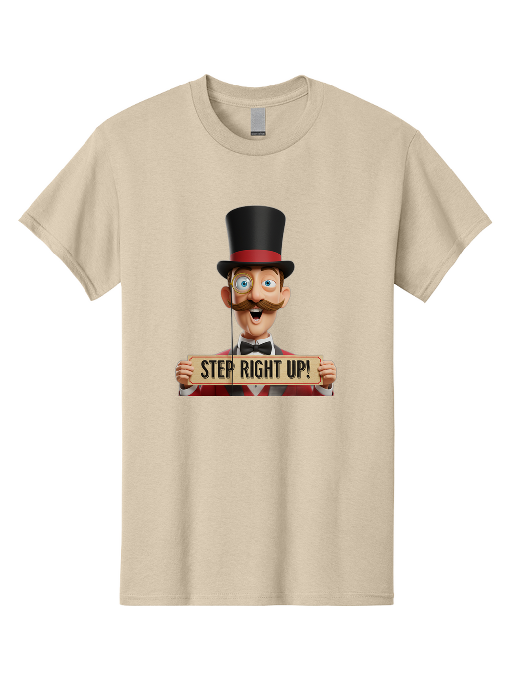 Step-Right-Up-3 Men'S Graphic Tee, 100% Cotton, Comfortable Casual Summer Wear, Machine Washable, Cartoon Ringmaster, Top Hat, Red Jacket, Green Vest, Vintage Style, Step Right Up Banner, Carnival Barker, Circus Theme, Victorian Era Fashion, Bad723