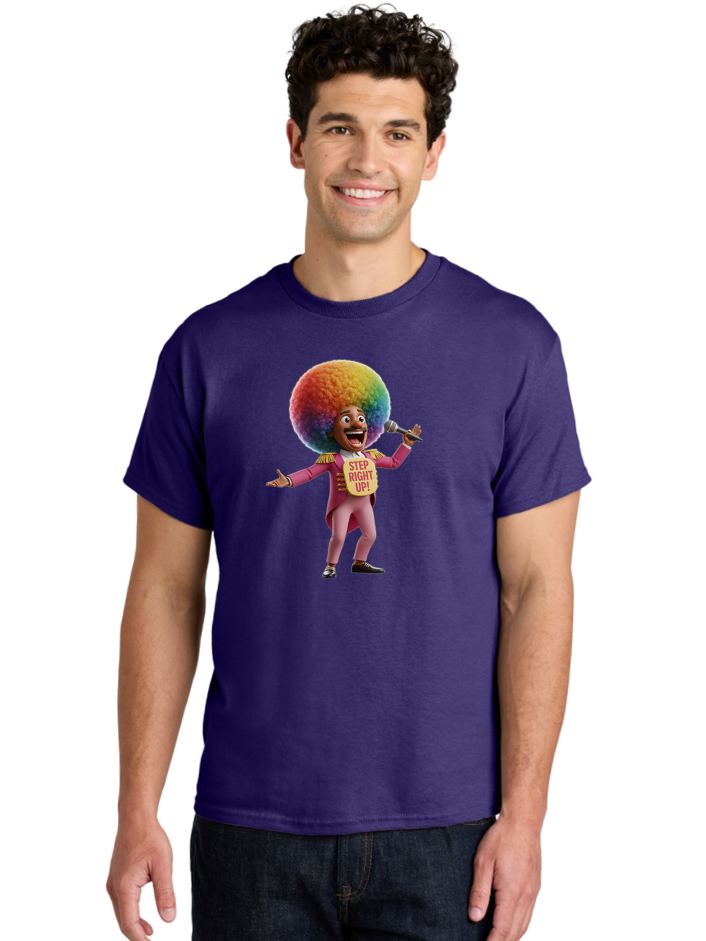 Step-Right-Up-4 Men'S Graphic Tee, 100% Cotton, Comfortable Casual Summer Wear, Machine Washable, Cartoon Character, Colorful Afro, Pink Suit, Microphone, Playful Pose, Lively Expression, Entertainer, Showmanship, Charismatic Personality, Bad724