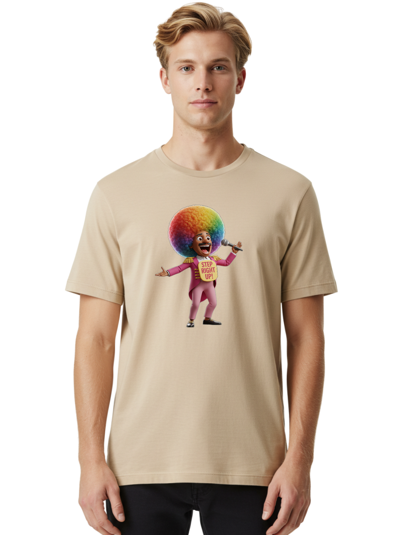 Step-Right-Up-4 Men'S Graphic Tee, 100% Cotton, Comfortable Casual Summer Wear, Machine Washable, Cartoon Character, Colorful Afro, Pink Suit, Microphone, Playful Pose, Lively Expression, Entertainer, Showmanship, Charismatic Personality, Bad724