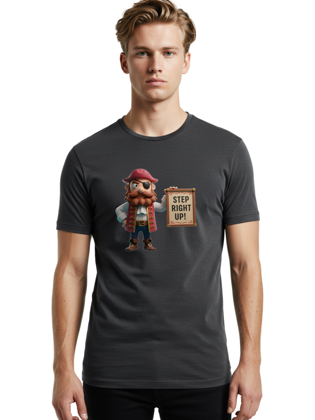 Step-Right-Up Men'S Graphic Tee, 100% Cotton, Comfortable Casual Summer Wear, Machine Washable, Pirate Character, Cartoon Illustration, Step Right Up Sign, Pirate Costume, Red Hat, Eye Patch, Curly Beard, Vintage Style, Playful Atmosphere, Bad725