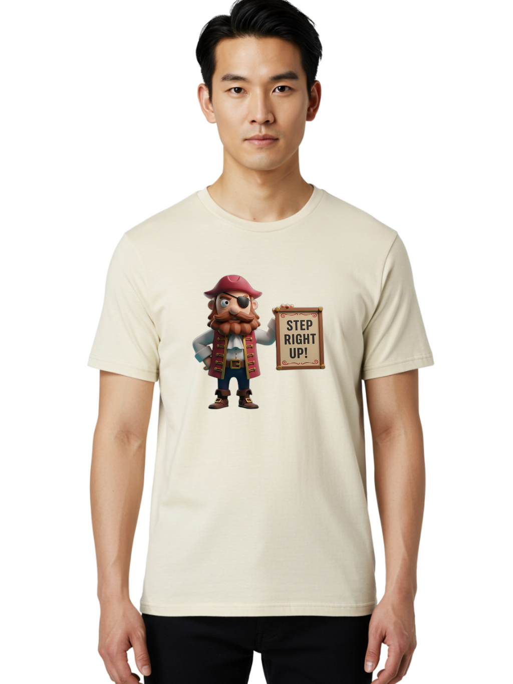 Step-Right-Up Men'S Graphic Tee, 100% Cotton, Comfortable Casual Summer Wear, Machine Washable, Pirate Character, Cartoon Illustration, Step Right Up Sign, Pirate Costume, Red Hat, Eye Patch, Curly Beard, Vintage Style, Playful Atmosphere, Bad725