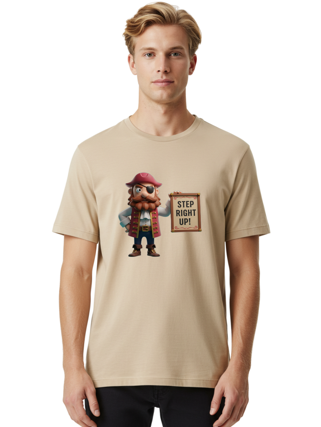 Step-Right-Up Men'S Graphic Tee, 100% Cotton, Comfortable Casual Summer Wear, Machine Washable, Pirate Character, Cartoon Illustration, Step Right Up Sign, Pirate Costume, Red Hat, Eye Patch, Curly Beard, Vintage Style, Playful Atmosphere, Bad725