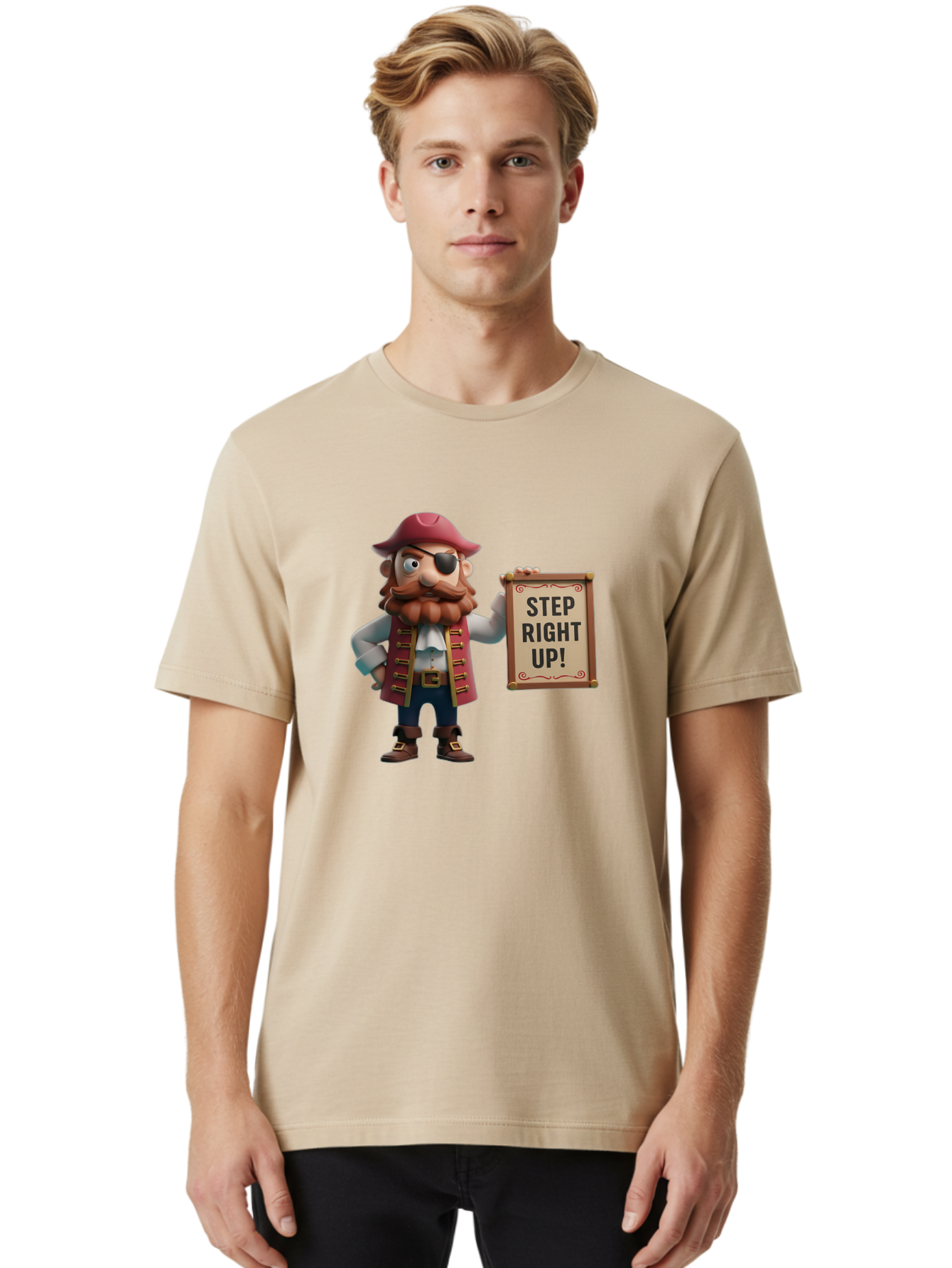 Step-Right-Up Men'S Graphic Tee, 100% Cotton, Comfortable Casual Summer Wear, Machine Washable, Pirate Character, Cartoon Illustration, Step Right Up Sign, Pirate Costume, Red Hat, Eye Patch, Curly Beard, Vintage Style, Playful Atmosphere, Bad725