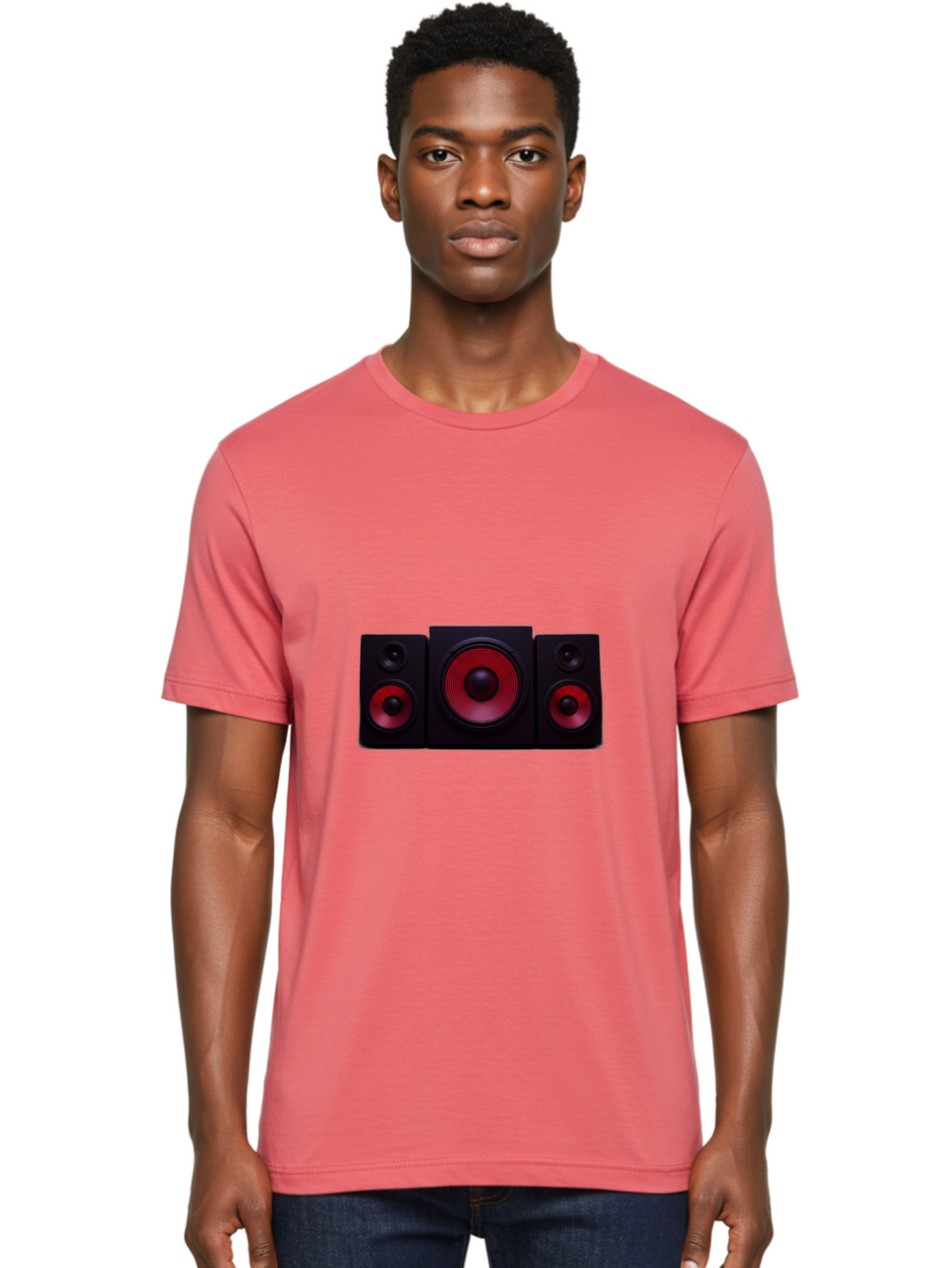 Stereo-Speakers Men'S Graphic Tee, 100% Cotton, Comfortable Casual Summer Wear, Machine Washable, Speaker System, Home Theater, Music Equipment, Audio Technology, Sound System, Subwoofer, Satellite Speakers, Black Speakers, Red Woofer, Bad726