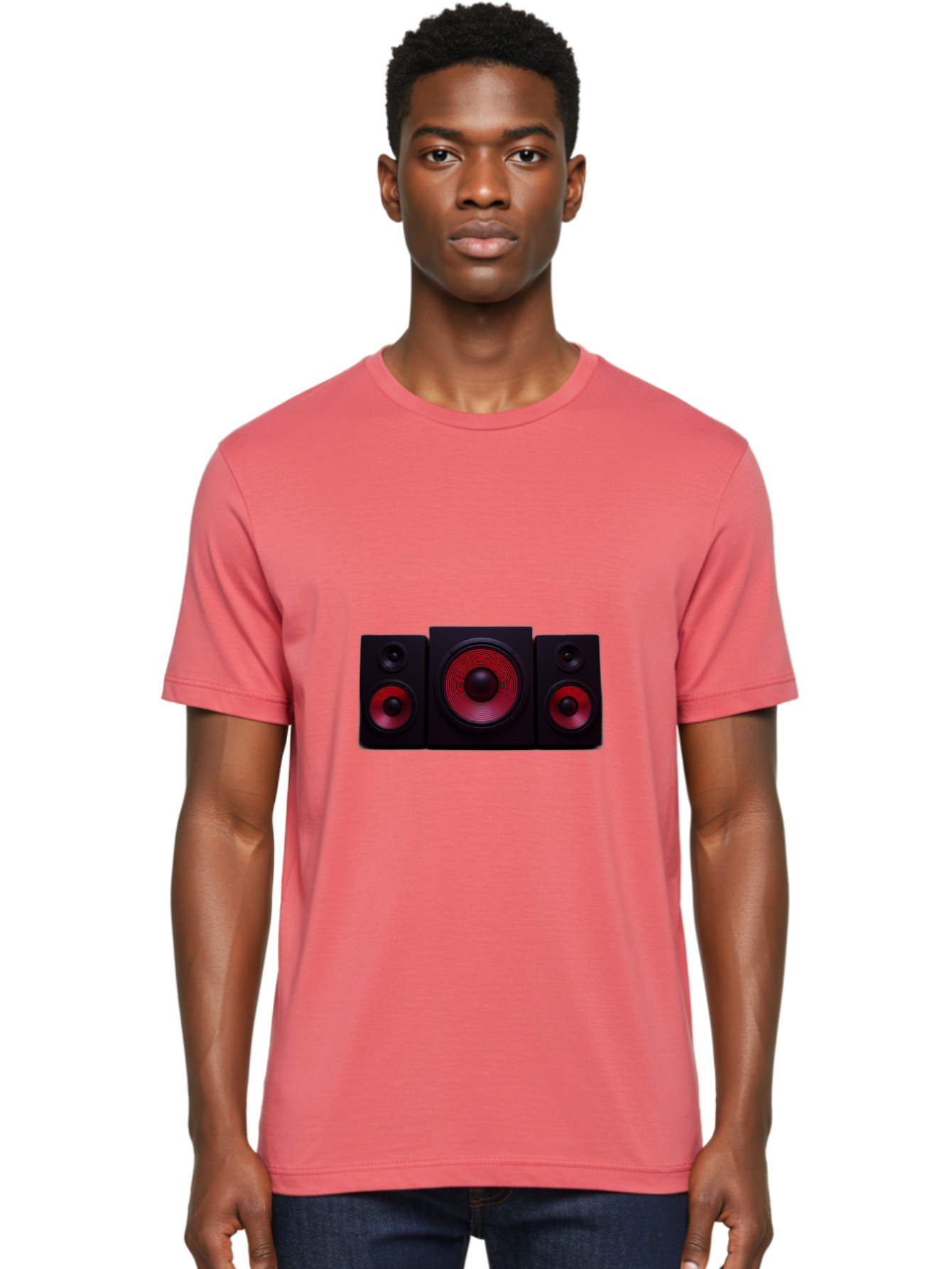 Stereo-Speakers Men'S Graphic Tee, 100% Cotton, Comfortable Casual Summer Wear, Machine Washable, Speaker System, Home Theater, Music Equipment, Audio Technology, Sound System, Subwoofer, Satellite Speakers, Black Speakers, Red Woofer, Bad726