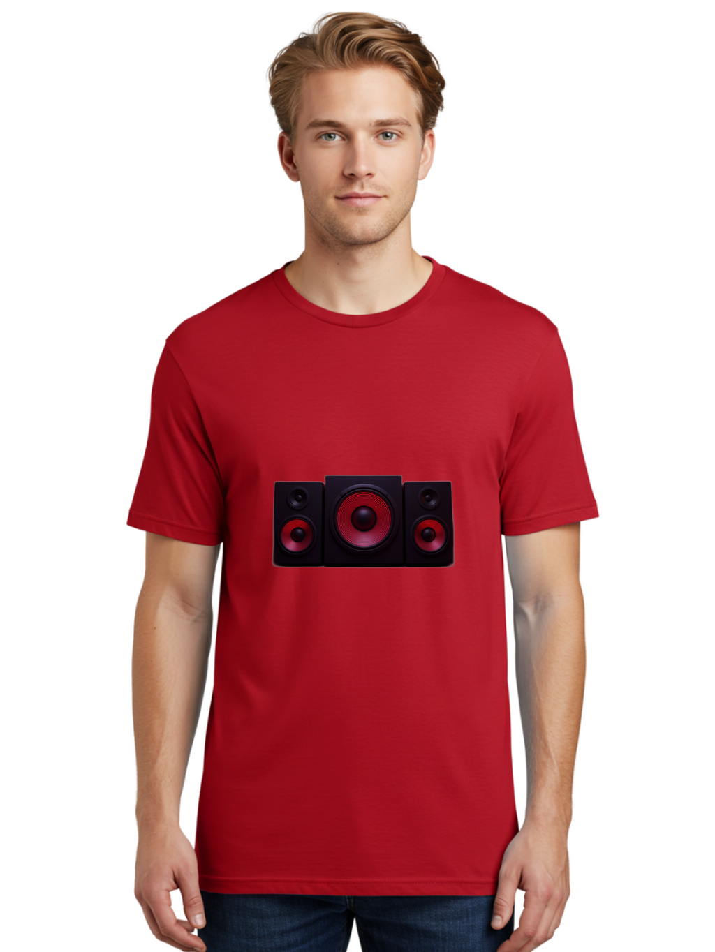 Stereo-Speakers Men'S Graphic Tee, 100% Cotton, Comfortable Casual Summer Wear, Machine Washable, Speaker System, Home Theater, Music Equipment, Audio Technology, Sound System, Subwoofer, Satellite Speakers, Black Speakers, Red Woofer, Bad726
