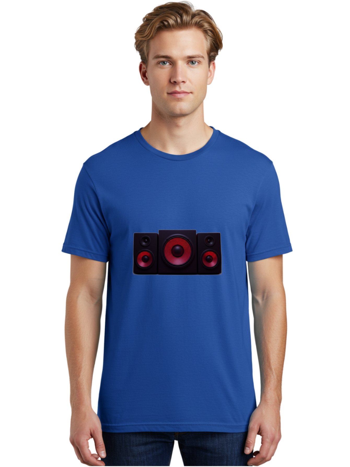 Stereo-Speakers Men'S Graphic Tee, 100% Cotton, Comfortable Casual Summer Wear, Machine Washable, Speaker System, Home Theater, Music Equipment, Audio Technology, Sound System, Subwoofer, Satellite Speakers, Black Speakers, Red Woofer, Bad726