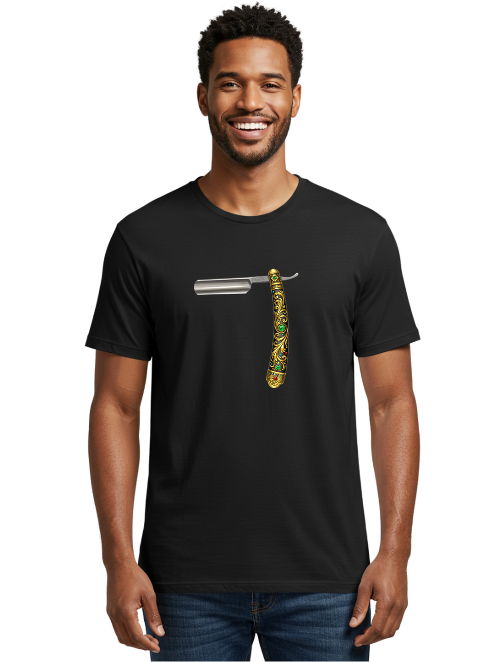Straight-Razor-1 Men'S Graphic Tee, 100% Cotton, Comfortable Casual Summer Wear, Machine Washable, Straight Razor, Vintage Shaving, Antique Grooming, Luxurious Design, Ornate Handle, Emerald Gems, Gold Filigree, Classic Elegance, Bad727