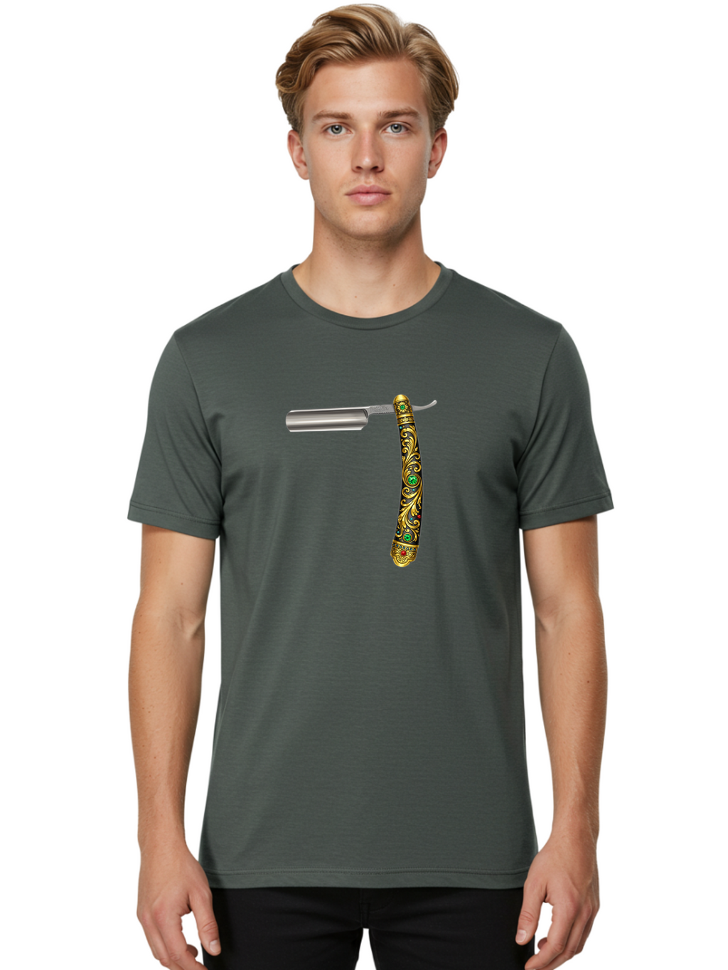 Straight-Razor-1 Men'S Graphic Tee, 100% Cotton, Comfortable Casual Summer Wear, Machine Washable, Straight Razor, Vintage Shaving, Antique Grooming, Luxurious Design, Ornate Handle, Emerald Gems, Gold Filigree, Classic Elegance, Bad727