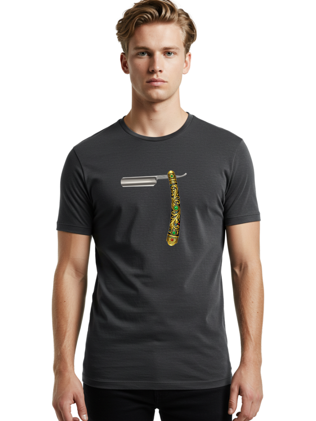 Straight-Razor-1 Men'S Graphic Tee, 100% Cotton, Comfortable Casual Summer Wear, Machine Washable, Straight Razor, Vintage Shaving, Antique Grooming, Luxurious Design, Ornate Handle, Emerald Gems, Gold Filigree, Classic Elegance, Bad727