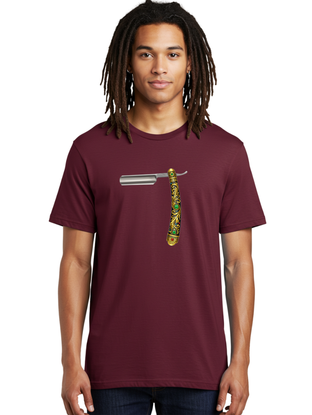 Straight-Razor-1 Men'S Graphic Tee, 100% Cotton, Comfortable Casual Summer Wear, Machine Washable, Straight Razor, Vintage Shaving, Antique Grooming, Luxurious Design, Ornate Handle, Emerald Gems, Gold Filigree, Classic Elegance, Bad727