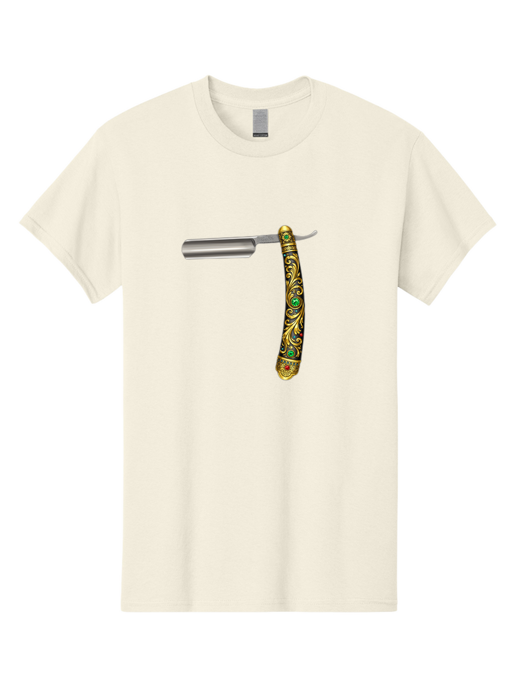 Straight-Razor-1 Men'S Graphic Tee, 100% Cotton, Comfortable Casual Summer Wear, Machine Washable, Straight Razor, Vintage Shaving, Antique Grooming, Luxurious Design, Ornate Handle, Emerald Gems, Gold Filigree, Classic Elegance, Bad727