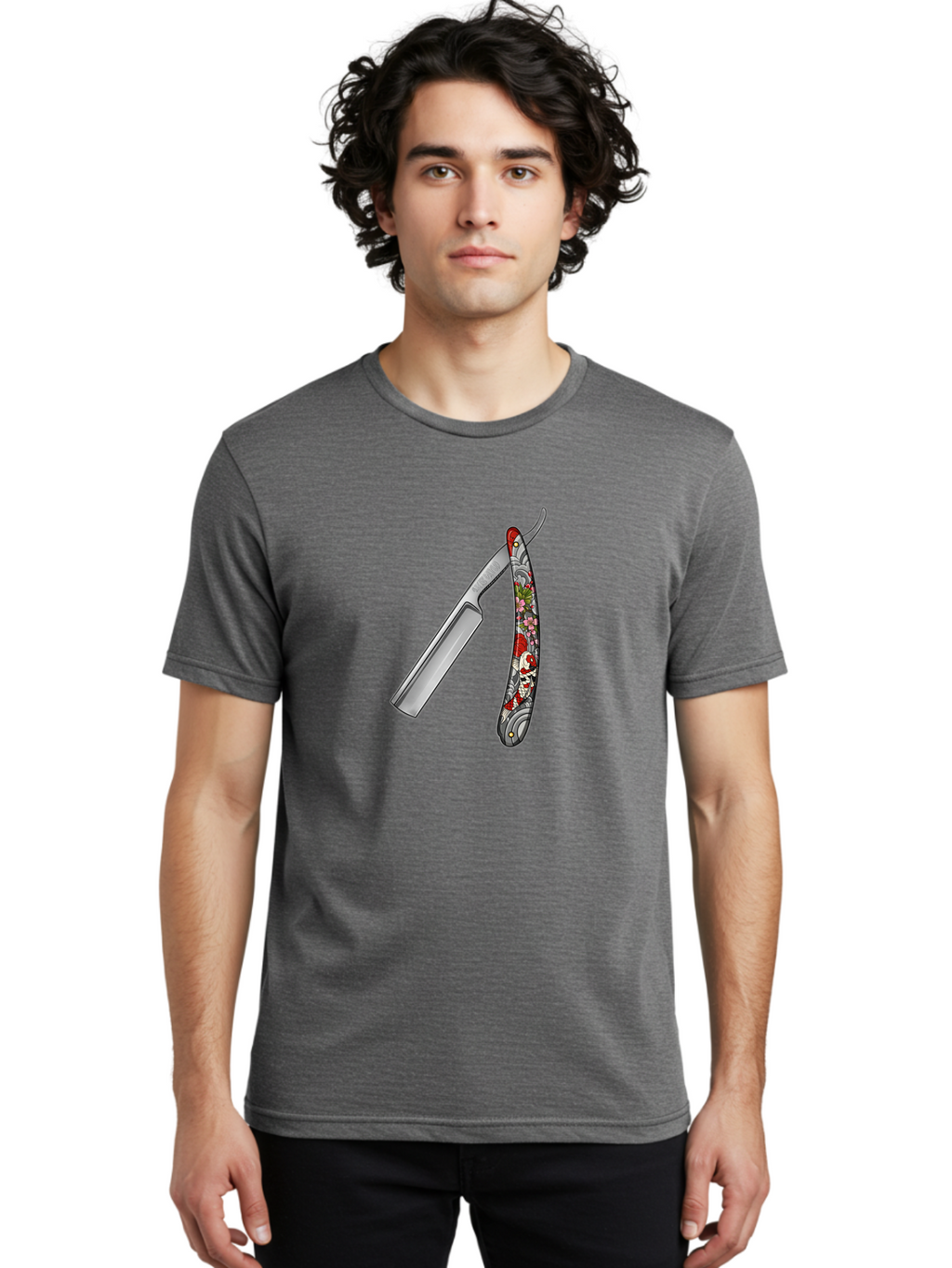 Straight-Razor-3 Men'S Graphic Tee, 100% Cotton, Comfortable Casual Summer Wear, Machine Washable, Straight Razor, Shaving Tool, Traditional Grooming, Floral Design, Vintage Style, Metal Blade, Ornate Handle, Grooming Essentials, Bad729