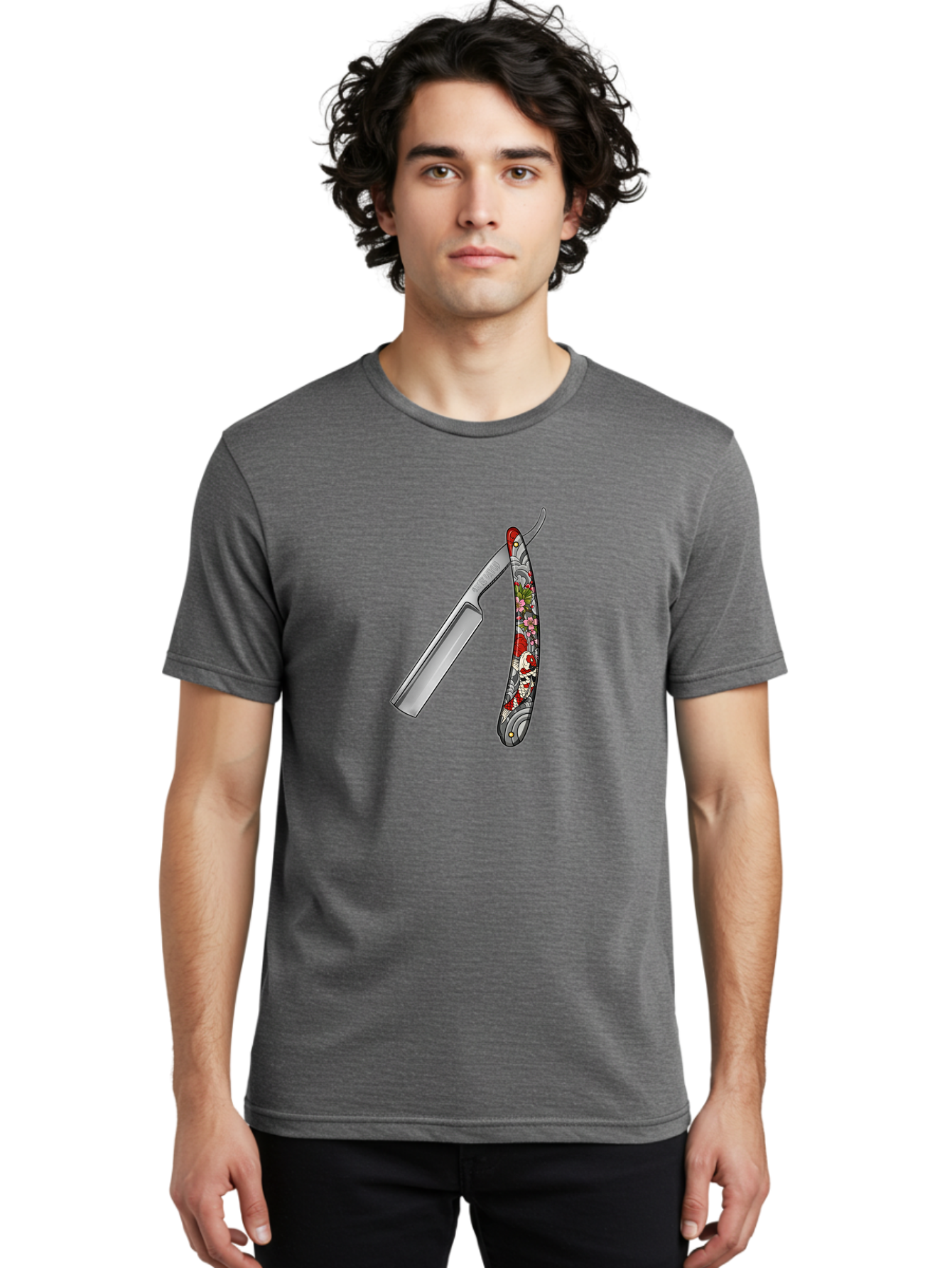 Straight-Razor-3 Men'S Graphic Tee, 100% Cotton, Comfortable Casual Summer Wear, Machine Washable, Straight Razor, Shaving Tool, Traditional Grooming, Floral Design, Vintage Style, Metal Blade, Ornate Handle, Grooming Essentials, Bad729